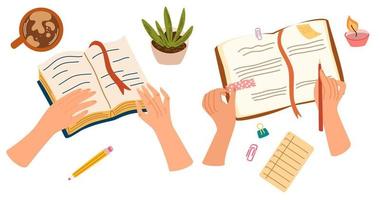 Hand making note. Reading a book, writing plans on sticky memo notes, making schedule in paper planner, notebook. Hands with pen and personal timetable, reminders in organizer. Office Concept. Vector