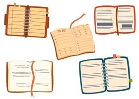 Open books set. Collection of literature, dictionaries, encyclopedias, planners with bookmarks. The concept of study, knowledge, university and creativity. Flat Vector illustration