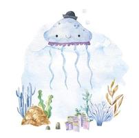 submarino ilustración con dibujos animados gracioso peces, infantil aislado desin vector