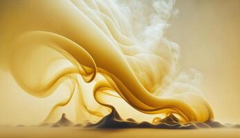 , Flowing light yellow smoke with splashes. Soft fluid banner, spring female mood, 3D effect, modern macro realistic abstract background illustration, ink in water effect. photo