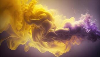 , Flowing light yellow smoke with splashes. Soft fluid banner, spring female mood, 3D effect, modern macro realistic abstract background illustration, ink in water effect. photo