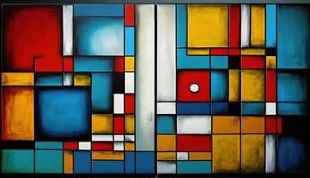 , cubist painted abstract colorful rectangles in mondrian style background. Trendy geometric design. photo