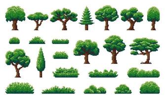 Pixel forest and jungle trees, shrub, grass plants vector