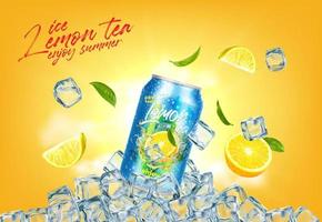 Lemon drink can with crystal ice cubes, lemon tea vector