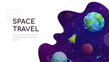 Space landing page, cartoon galaxy spaceship vector