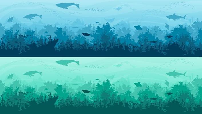 Underwater landscape silhouette, fishes background