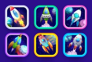 Cartoon space game app icons, rockets, spaceship vector