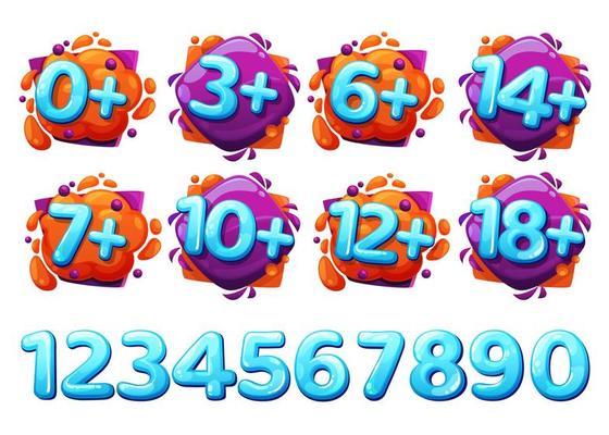 Kids age restriction cartoon icons, kids game age