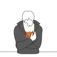 man warming ginger cat under jacket - one line drawing vector. concept find a cat, warm a street animal, foundling vector
