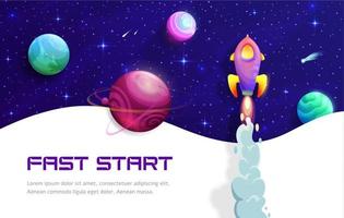 Space landing page, business fast start and rocket vector