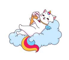 dibujos animados caticorn personaje en nube con hielo crema vector