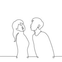 man leans in to kiss woman who avoids the kiss in disgust - one line drawing vector. concept sexual harassment, tactile and non-tactile, attempt to kiss vector