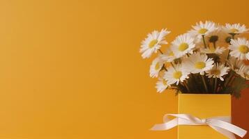 Yellow background with daisy flowers and gift box. Illustration photo
