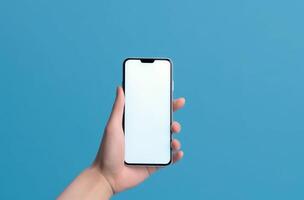 Hand with empty mockup phone on vivid background. Illustration photo