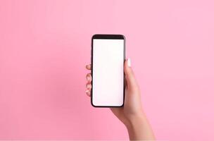 Hand with empty mockup phone on vivid background. Illustration photo