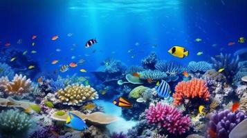 Underwater coral reef landscape super wide banner background in deep blue ocean. Illustration AI Generative photo