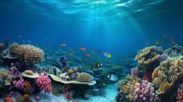 submarino coral arrecife paisaje súper amplio bandera antecedentes en profundo azul océano. ilustración ai generativo foto