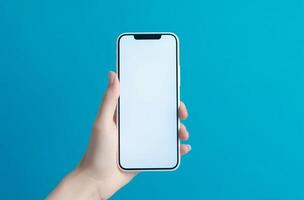 Hand with empty mockup phone on vivid background. Illustration photo