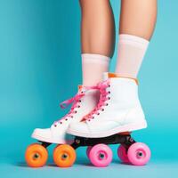 Legs wearing cute sweet with shoelaces four wheeled roller blades. Illustration photo