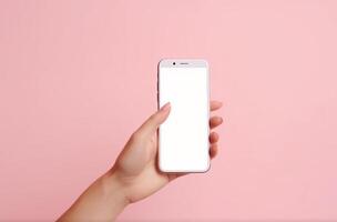 Hand with empty mockup phone on vivid background. Illustration photo