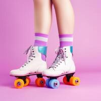 Legs wearing cute sweet with shoelaces four wheeled roller blades. Illustration photo