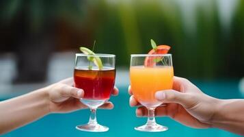 Hands with summer cocktails. Illustration photo