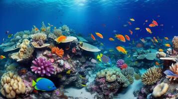 Underwater coral reef landscape super wide banner background in deep blue ocean. Illustration photo