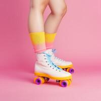 Legs wearing cute sweet with shoelaces four wheeled roller blades. Illustration photo