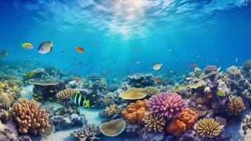 Underwater coral reef landscape super wide banner background in deep blue ocean. Illustration photo