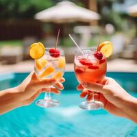 Hands with summer cocktails. Illustration photo