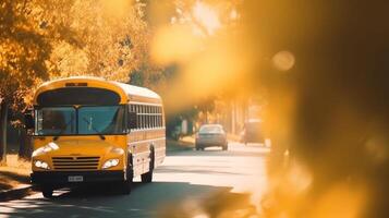 amarillo colegio autobús. espalda a colegio antecedentes. ilustración ai generativo foto