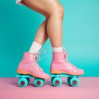 Legs wearing cute sweet with shoelaces four wheeled roller blades. Illustration photo