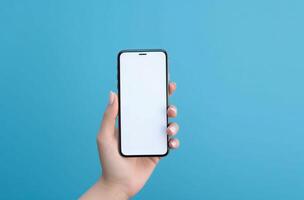 Hand with empty mockup phone on vivid background. Illustration photo