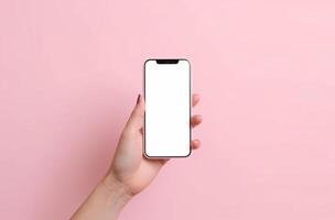 Hand with empty mockup phone on vivid background. Illustration photo