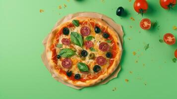 Pepperoni pizza on vivid background. Illustration photo