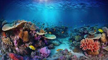 Underwater coral reef landscape super wide banner background in deep blue ocean. Illustration photo