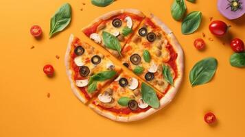 Pepperoni pizza on vivid background. Illustration photo