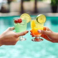 Hands with summer cocktails. Illustration photo