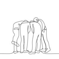 crowd of people stand in a circle and look down bending down - one line drawing vector. concept a group of friends or colleagues look into a pit or hole vector