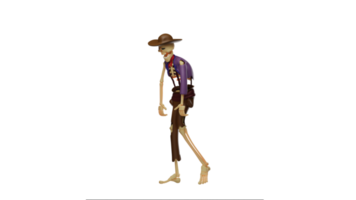 3d illustratie. moe schedel cowboy 3d tekenfilm karakter. schedel cowboy liep met een boog. schedel cowboy looks uitgeput. schedel cowboy is moe na veel activiteiten. 3d tekenfilm karakter png