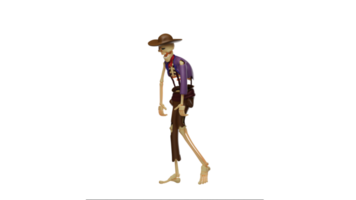 3D illustration. Tired Skull Cowboy 3D Cartoon Character. Skull Cowboy walked with a bow. Skull Cowboy looks exhausted. Skull Cowboy is tired after many activities. 3d cartoon character png