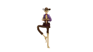 3D illustration. Unique Skull Cowboy 3D Cartoon Character. Skull Cowboy lifted one leg and clasped his hands together in front of his chest. Skull cowboy in yoga pose. 3d cartoon character png