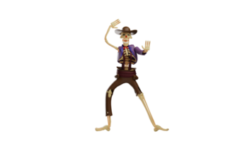 3D illustration. Fierce Cowboy Skull 3D Cartoon Character. Skeleton Cowboy in stance pose. Skull Cowboy prepares to fight his enemies. Skull Cowboy smiled proudly. 3d cartoon character png