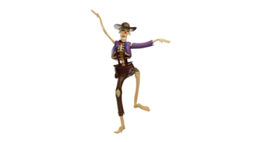 3D illustration. Charming Skull Cowboy 3D Cartoon Character. Skeleton Cowboy showing off his kung fu moves. Skull Cowboy mastered martial arts moves. 3d cartoon character png