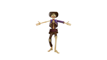 3D illustration. Cheerful Skull Cowboy 3D Cartoon Character. Skull Cowboy spread out his arms. Skull Cowboy was so excited to scream loudly. 3d cartoon character png