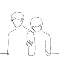 young man with his head down holds his hand and stands behind a tall and older man - one line drawing vector. concept younger brother is shy, afraid, blind and sighted, older and younger brothers vector