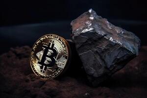 Bitcoin crypto currency mined directly from ore created with technology. photo