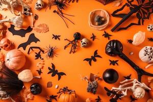 Top view on spooky halloween motifs with bones plastic spiders pumpkins and bats on an orange surface created with technology. photo