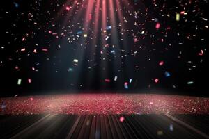 Glittering confetti falling down on a stage with lightbeams background created with technology. photo