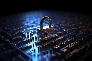 A lock on a cyber security background prevents hacking in the network created with technology. photo